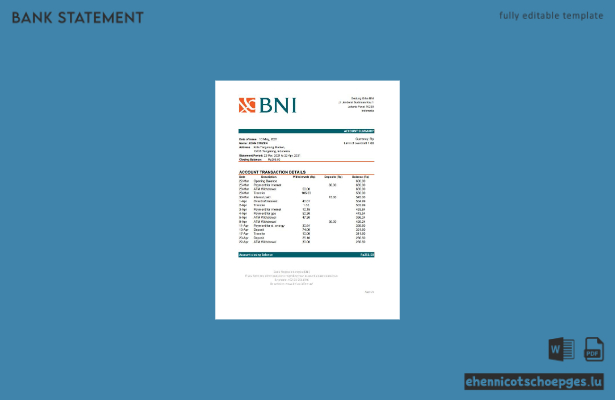 Excel-Beispielvorschau für einen Kontoauszug der Indonesia Bank Negara Indonesia BNI
